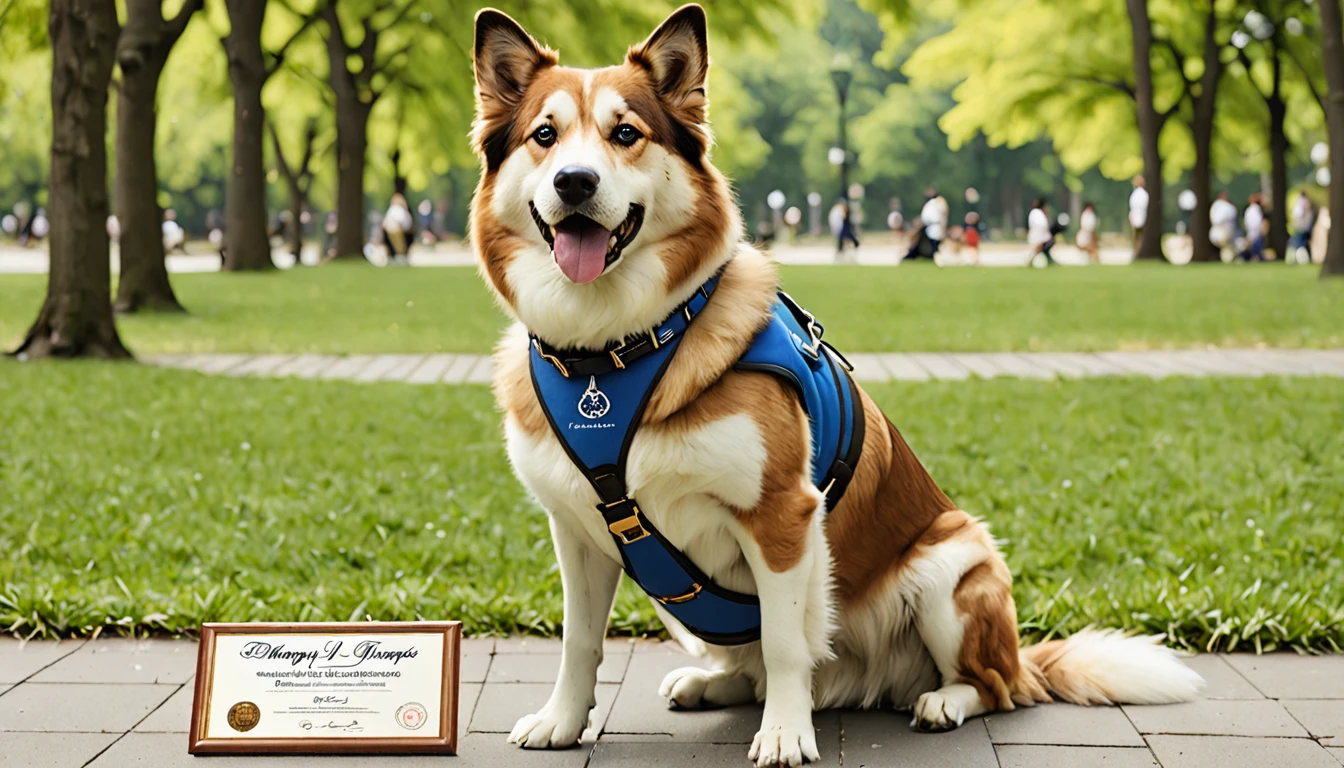 Owner:
- A man in his mid-40s、prideと喜びに満ちた表情をしている
- ベンチに座り、Holding Therapy Dog Certification Frame in Both Hands - Casually Dressed（Blue polo shirt、Khaki pants、Brown shoes）- to see the dog sitting next to him、Therapy dog with head tilted slightly:
- Ownerの隣のベンチに座っているゴールデン・レトリバー
- 「Certified Therapy Dog」のパッチが付いた赤いセラピードッグ用のベストを着ている
- Ownerが持つ認定証を直接見つめ、He has a proud and satisfied look on his face - his tail is slightly wagging、Certificate showing happiness and excitement:
- With elegant fonts「Therapy Dog Certification」A framed certificate with the words &quot;I am a novice&quot; written on it.、Dog Name、Ownerの名前、- The certification date is clearly stated - The certificate has a gold seal and the certifying agency&#39;s logo - The picture frame has a simple but elegant dark wood design background:
- Green Grass、wood々、A park setting with paved paths - the benches they sit on、古典的なwood製の公園のベンチ
- 背景には、Enjoy walking the dog、People enjoying the park々- On a clear day、The overall atmosphere is of a blue sky with a few fluffy white clouds floating in it.:
- Ownerとセラピードッグが共有する達成感、pride、喜びを伝える
- Ownerと犬の間の強い絆を強調し、This certificate represents the journey they have traveled together.、セラピー動物としての活動の準備が整ったことを示す重要な瞬間であることを伝える
- Ownerと犬の両方の幸福感と満足感を反映した、Create a warm and positive atmosphere