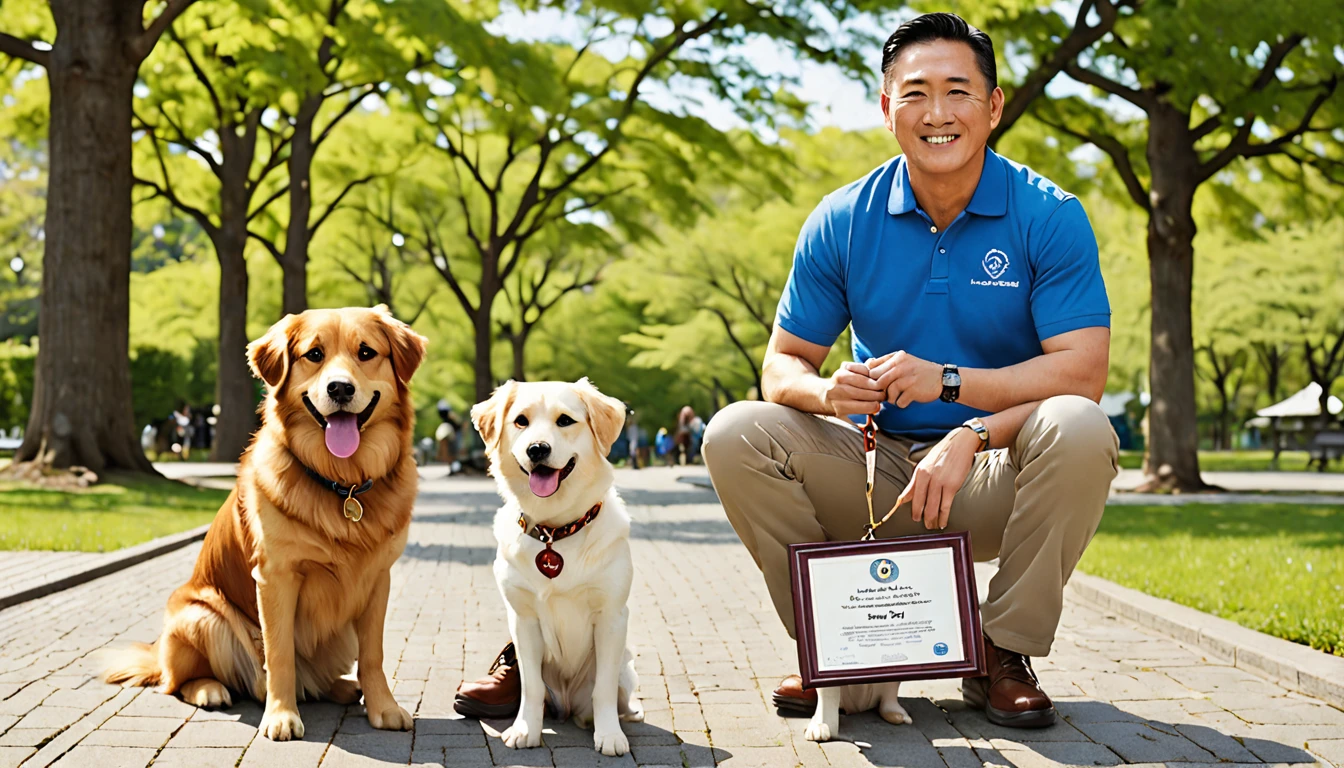 Owner:
- A man in his mid-40s、prideと喜びに満ちた表情をしている
- ベンチに座り、Holding Therapy Dog Certification Frame in Both Hands - Casually Dressed（Blue polo shirt、Khaki pants、Brown shoes）- to see the dog sitting next to him、Therapy dog with head tilted slightly:
- Ownerの隣のベンチに座っているゴールデン・レトリバー
- 「Certified Therapy Dog」のパッチが付いた赤いセラピードッグ用のベストを着ている
- Ownerが持つ認定証を直接見つめ、He has a proud and satisfied look on his face - his tail is slightly wagging、Certificate showing happiness and excitement:
- With elegant fonts「Therapy Dog Certification」A framed certificate with the words &quot;I am a novice&quot; written on it.、Dog Name、Ownerの名前、- The certification date is clearly stated - The certificate has a gold seal and the certifying agency&#39;s logo - The picture frame has a simple but elegant dark wood design background:
- Green Grass、wood々、A park setting with paved paths - the benches they sit on、古典的なwood製の公園のベンチ
- 背景には、Enjoy walking the dog、People enjoying the park々- On a clear day、The overall atmosphere is of a blue sky with a few fluffy white clouds floating in it.:
- Ownerとセラピードッグが共有する達成感、pride、喜びを伝える
- Ownerと犬の間の強い絆を強調し、This certificate represents the journey they have traveled together.、セラピー動物としての活動の準備が整ったことを示す重要な瞬間であることを伝える
- Ownerと犬の両方の幸福感と満足感を反映した、Create a warm and positive atmosphere