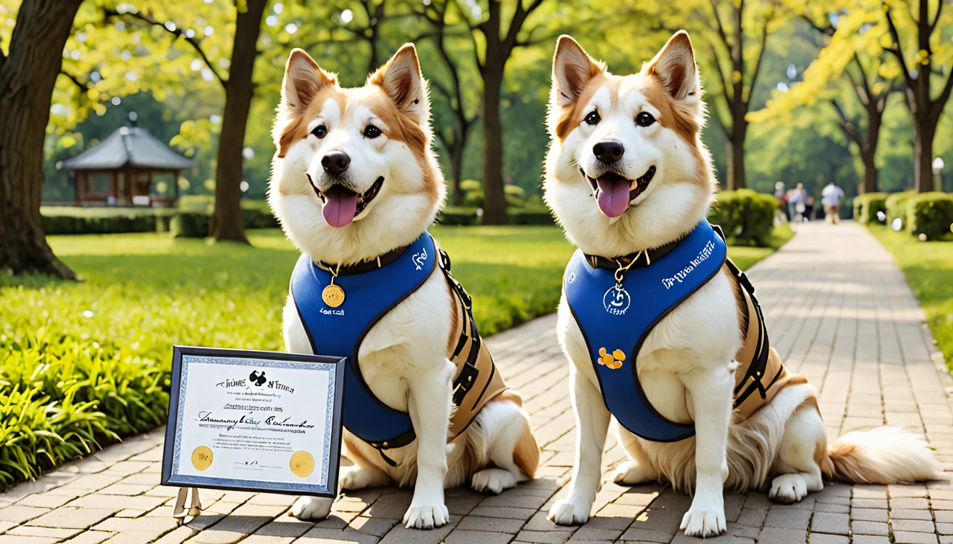 Owner:
- A man in his mid-40s、prideと喜びに満ちた表情をしている
- ベンチに座り、Holding Therapy Dog Certification Frame in Both Hands - Casually Dressed(Blue polo shirt、Khaki pants、Brown shoes)- to see the dog sitting next to him、Therapy dog with head tilted slightly:
- Ownerの隣のベンチに座っているゴールデン・レトリバー
- 「Certified Therapy Dog」のパッチが付いた赤いセラピードッグ用のベストを着ている
- Ownerが持つ認定証を直接見つめ、He has a proud and satisfied look on his face - his tail is slightly wagging、Certificate showing happiness and excitement:
- With elegant fonts「Therapy Dog Certification」A framed certificate with the words "I am a novice" written on it.、Dog Name、Ownerの名前、- The certification date is clearly stated - The certificate has a gold seal and the certifying agency's logo - The picture frame has a simple but elegant dark wood design background:
- Green Grass、wood々、A park setting with paved paths - the benches they sit on、古典的なwood製の公園のベンチ
- 背景には、Enjoy walking the dog、People enjoying the park々- On a clear day、The overall atmosphere is of a blue sky with a few fluffy white clouds floating in it.:
- Ownerとセラピードッグが共有する達成感、pride、喜びを伝える
- Ownerと犬の間の強い絆を強調し、This certificate represents the journey they have traveled together.、セラピー動物としての活動の準備が整ったことを示す重要な瞬間であることを伝える
- Ownerと犬の両方の幸福感と満足感を反映した、Create a warm and positive atmosphere