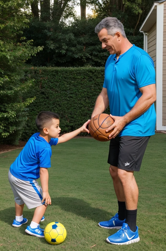 Dad playing ball with his 3 year old son and his dog