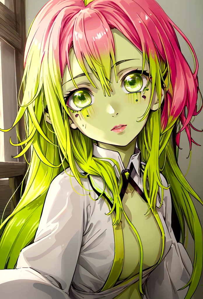 sharp focus, dynamic angle, (colored), 1girl, ((Mitsuri Karonji)), (lime green eyes: 1.4), (moles under the eyes), (hair two colors, pink, green), (wide hips),facing camera, nude,night time