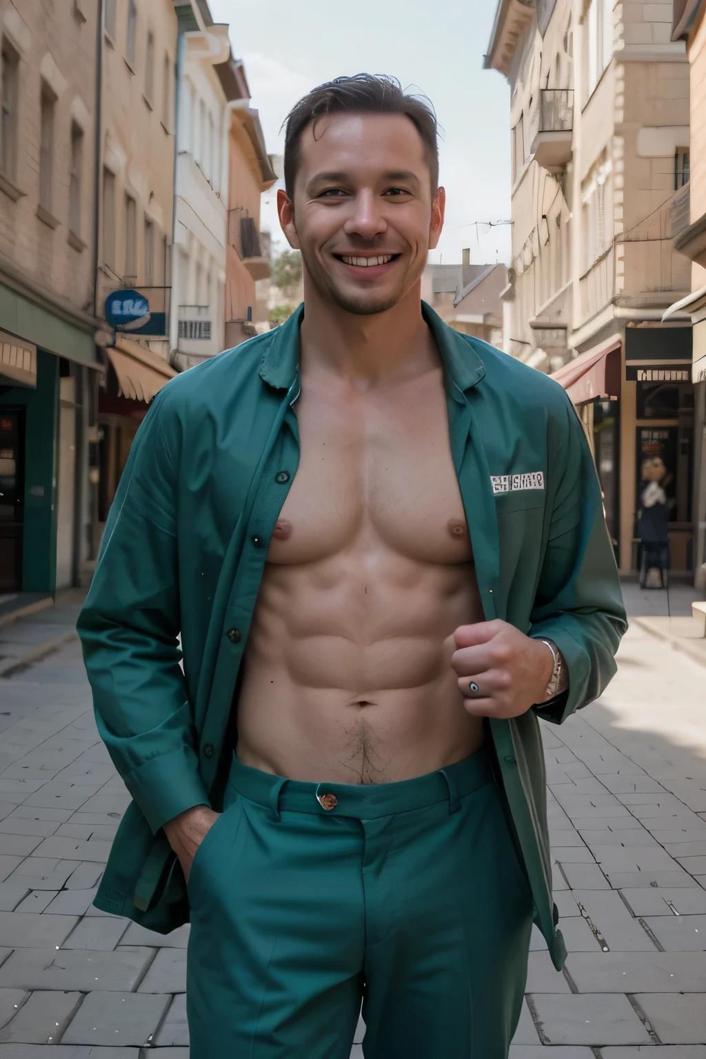 ((best quality)), ((masterpiece)), (detailed), Donny wahlberg Wears the suit without a shirt underneath. Standing in the town square. He wears the green suit without Shirt inside. He smile