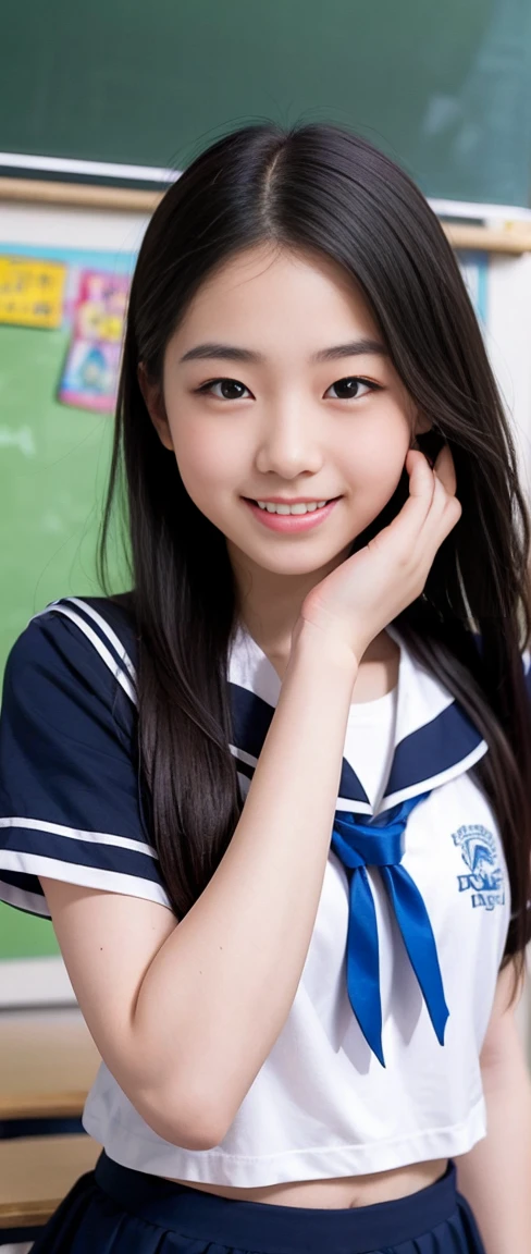 (masterpiece, Highest quality:1.2), 8K, Young and beautiful girl, 85mm,Official AR RAW Photos, Baby Face、Big in clothes 、Show me your ears、photo shoot, Cute face, Thighs, Classroom after school, Observe the audience, Embarrassing、smile、 makeup, Film Grain, chromatic aberration, Sharp focus, Face Light, Bright lighting, 10 generations, Detailed face, Background blur、((((((16-year-old high school girl))))))、Tight waist、Sailor suit、Navy blue mini skirt、Lift up your skirt with one hand&#39;hand、White tiny panties、Wet、Spread your legs、((White panties))、((White panties))、((White panties))