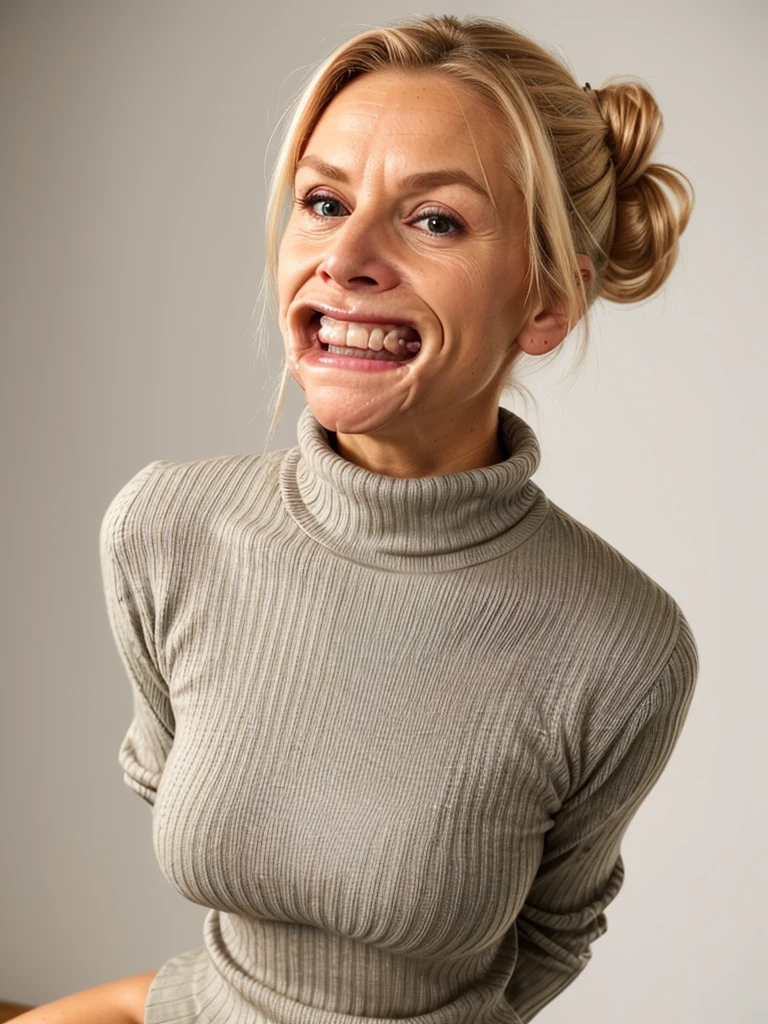 photo of a skinny very old wrinkly-faced faced blonde messy long hair thrown into a messy bun ponytail. She wears: (turtleneck soft high ribbed turtleneck sweater:1.1), submissive seductive pose, high tight ribbed neck, seductive smile, perfect fake tits, y eagenny, teasing sexy old lady, th retractor gag