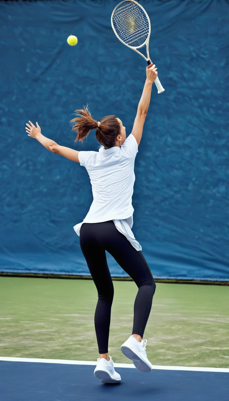 Realistic, detailed, high resolution, woman, tennis,tennisウェア, T-Shirts, leggings, tennisコート, Outdoor, Opponent player on the other side, Jump lightly and serve, Rear view, A racket with tightly strung strings, 