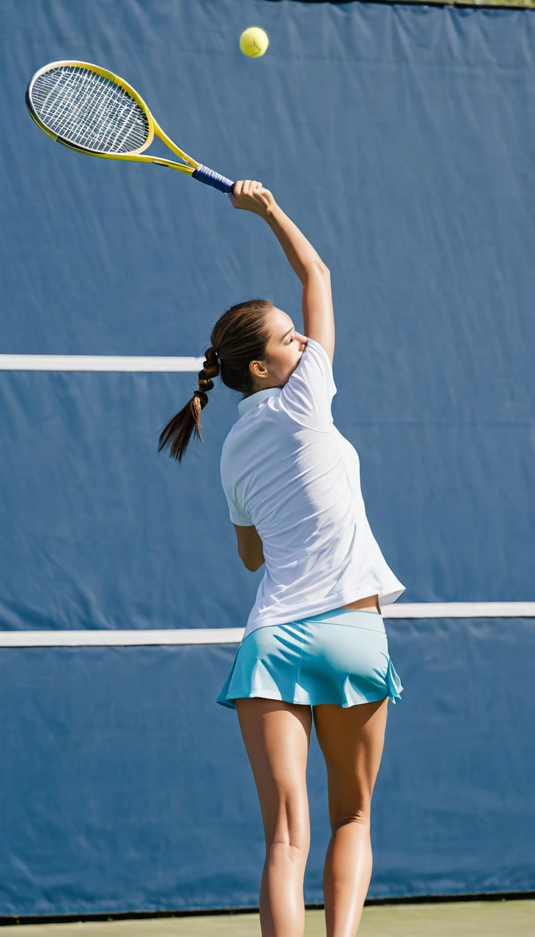 Realistic, detailed, high resolution, woman, tennis,tennisウェア, T-Shirts, leggings, tennisコート, Outdoor, Opponent player on the other side, Jump lightly and serve, Rear view, A racket with tightly strung strings, 