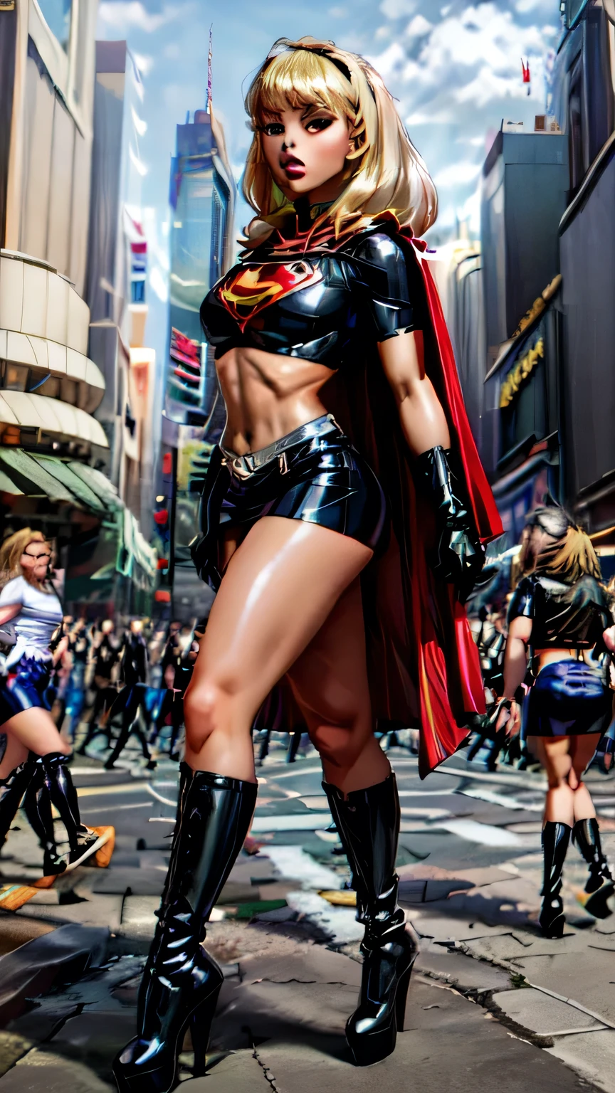 (cowboy shot), SFW, (masterpiece), (best quality: 1.0), (ultra highres: 1.0), detailed eyes, BREAK Supergirl, 1girl, long blonde hair, in the air, flying hair band, (((black\))) crop top, short sleeves, cape, black pencil skirt), gloves, boots BREAK (Famous, interview, among audiences)
