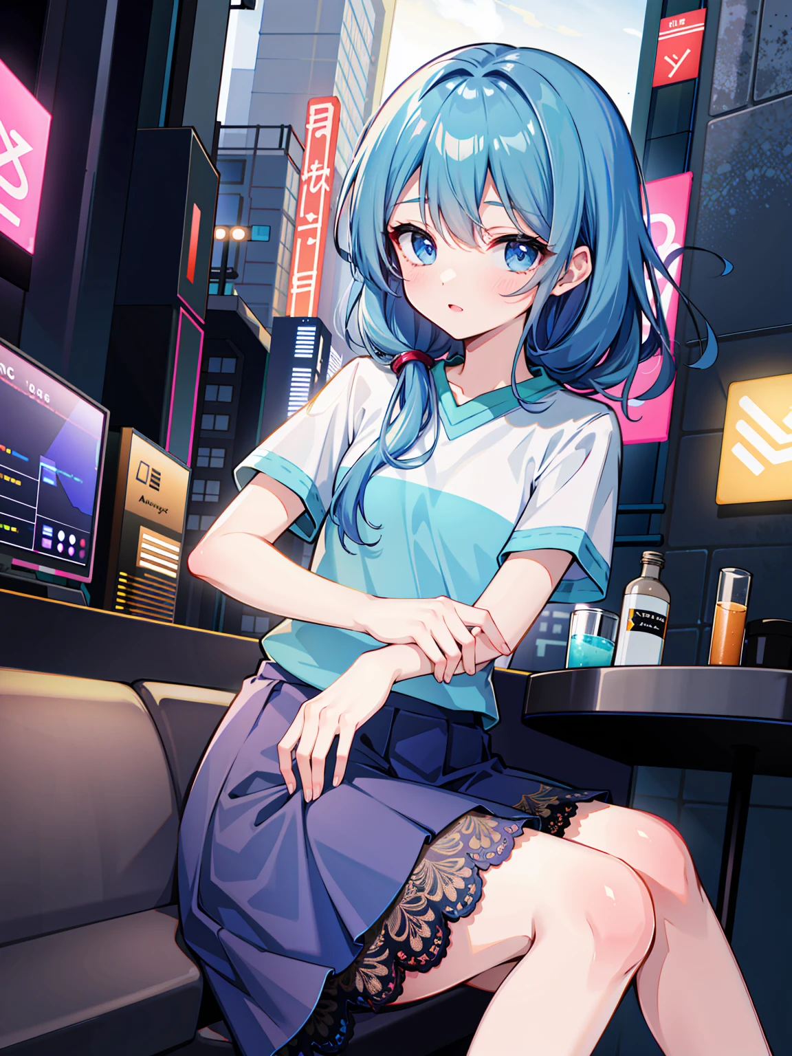 (masterpiece:1.2), best quality, highres, original, (extremely detailed:1.2), ultra-detailed, wallpaper, perfect lighting,(extremely detailed CG:1.2), 8k, anime illustration, 1boy, cross-dressing, femboy, long hair, light-blue hair, (cyberpunk fashion, short-sleeved T-shirt, knee-length skirt, lace hemline, delicate clothes:1.2),looking at viewer, frontal, futuristic city background, sci-fi city, (anatomically correct: 1.3)