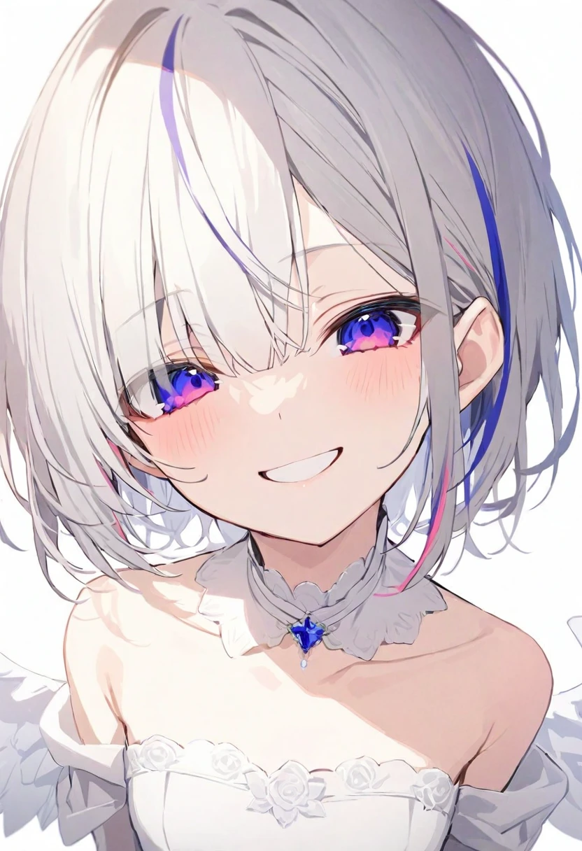 (masterpiece), (best quality), perfect face, beautiful girl, white background background, delicate and beautiful face and eyes, dark intense shadow,
1 girl, vtuber style, cool girl, hololive,amane kanata, streaked hair, short hair, Wedding dress, small chest, cropped shoulders, clavicle, winking, smile, body visible through clothes, chest visible through clothes, (full body), looking at viewer, standing,