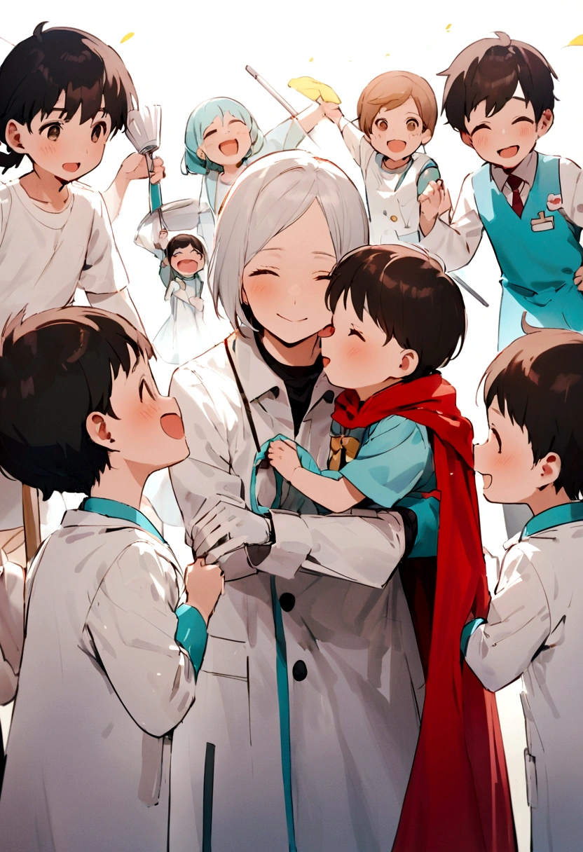 Manage the Cleaning Doctor surrounded by children, Doctor Cleaning has the costume, a white coat, red cape and white surgical gloves. He is happy because he is loved by children