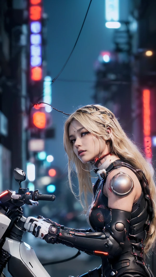 (Female cyborg riding a bicycle)(((8K.High resolution.Hyperrealism、Masterpiece 1.2、wlop1、Cinematic、Additional content、Live Photo 1.2、Best quality 1.2、超High resolution、Very detailed、Perfect Shading、Low angle upper body shot 1.2、1 photo、Commercial Photography 1.2、50mm、Film Grain、sf)))、(((Cyborg riding a red bike、))(Mechanical joint:1.2)、((Mechanical Limbs))、( vessels connected to tu(Mechanical vertebrae attached to the back),((Mechanically connects the cervical spine to the neck),No faciaession,Observe the audience、(Wires and cables attached to the neck:1.2)、(Head wires and cables:1.2)、(Focus on the characters)、(Rider Suit、Buildings at night、Buildings at night、Impressive night view、Cyberpunk World、Riding on motorcycle、Riding on motorcycle)、、(Focus on the characters、Side angle)、(White skin、blonde、Long Hair、No bangs)