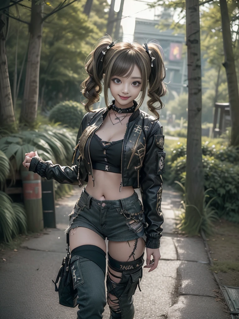 (Hostess:1.3)、(Smiling with teeth showing:1.3),(Shibuya Gal:1.5)、(Landmine Girl:1.4)、(ta Fashion:1.5)、(Punk RockVisual Kei:1.4)、(A modern short jacket in dark grey and moss green.:1.5)、(Tattered brown and charcoal denim low rise cargo pants:1.5)、(Mustard Yellow Headband:1.3)、(Charcoal and khaki striped knee socks:1.4)、collar、(Brown platform long boots)、(Clothing with logo pattern:1.4)、20-year-old、Browsing Caution,((Highest quality、In 8K、masterpiece:1.3))、Sharp focus:1.2、(Layered Cut、Huge breasts:1.1),Beautiful woman with perfect figure:1.4、(Doing an aerobics pose:1.3)、Slim Abs:1.2、Butt、Highly detailed face and skin texture、Fine grain、double eyelid,(Twin tails:1.3)、(Brownish golden hair:1.3)、Obscene、Idol Sculpture、(The landscape is a beautiful temple of water and forest:1.3)、(Slimming your legs:1.4)、(The body is slim:1.3)、(clavicle:1.1)