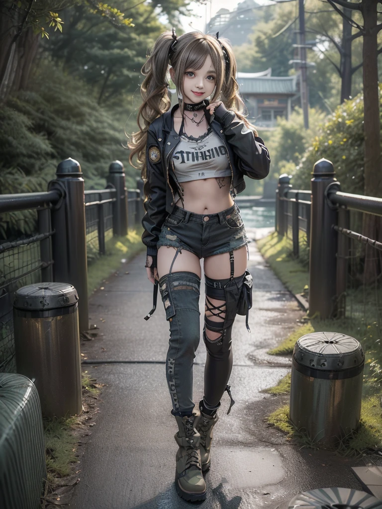 (Hostess:1.3)、(Smiling with teeth showing:1.3),(Shibuya Gal:1.5)、(Landmine Girl:1.4)、(Lolita Fashion:1.5)、(Punk RockVisual Kei:1.4)、(A modern short jacket in dark grey and moss green.:1.5)、(Tattered brown and charcoal denim low rise cargo pants:1.5)、(Mustard Yellow Headband:1.3)、(Charcoal and khaki striped knee socks:1.4)、collar、(Brown platform long boots)、(Clothing with logo pattern:1.4)、20-year-old、Browsing Caution,((Highest quality、In 8K、masterpiece:1.3))、Sharp focus:1.2、(Layered Cut、Huge breasts:1.1),Beautiful woman with perfect figure:1.4、(Doing an aerobics pose:1.3)、Slim Abs:1.2、Butt、Highly detailed face and skin texture、Fine grain、double eyelid,(Twin tails:1.3)、(Brownish golden hair:1.3)、、Idol Sculpture、(The landscape is a beautiful temple of water and forest:1.3)、(Slimming your legs:1.4)、(The body is slim:1.3)、(clavicle:1.1)