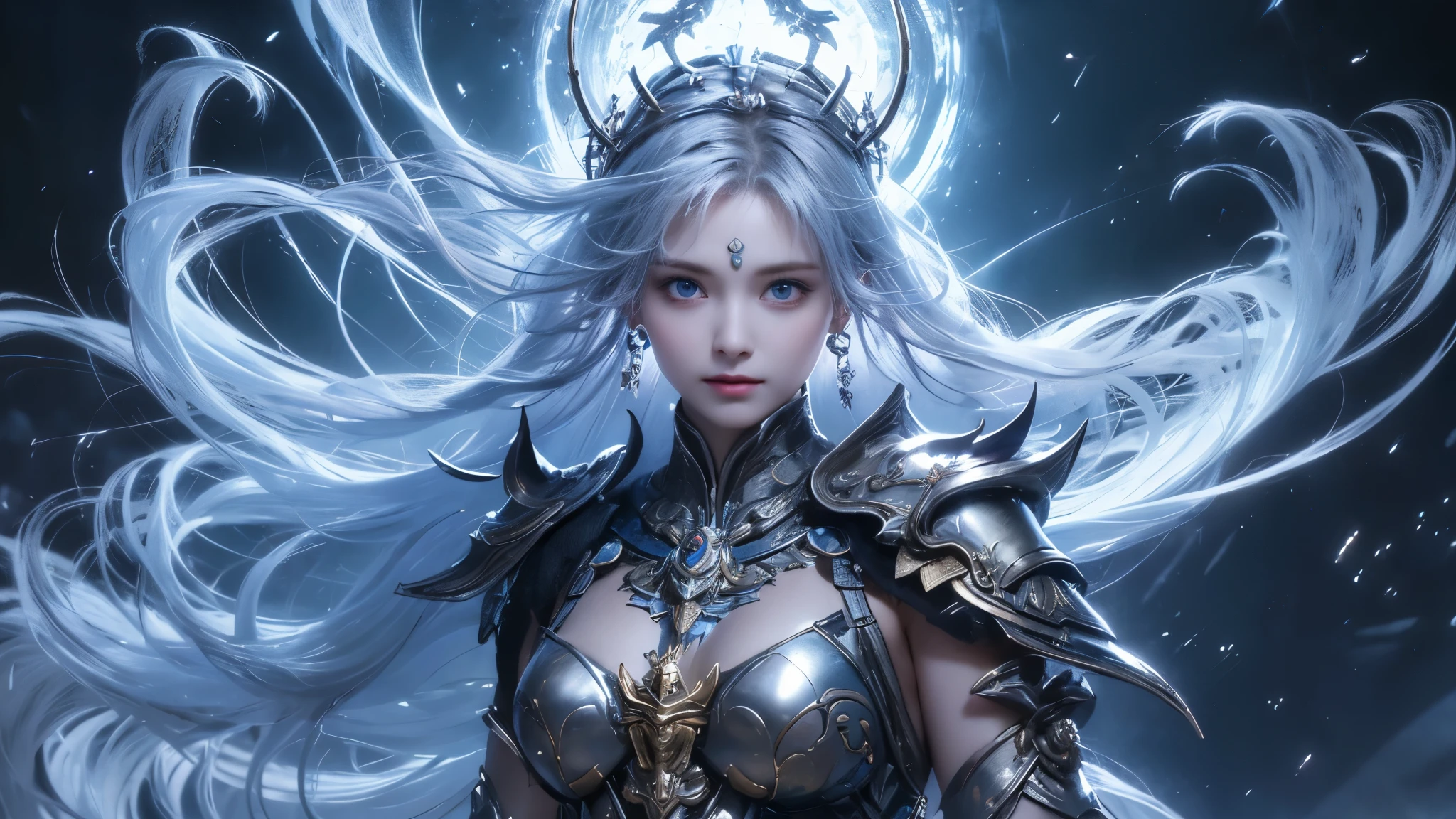 "Official Art, Unity 8k Wallpaper, Masterpiece, Best Quality, Fantasy, Ultra Detail, Full body shot, (Dynamic Angle), (Very Detail), Ultra High Definition, 8k UHD, (light rayer:1.05), Light Particles, Magic Effects swirling around her, Detailed Skin Texture, (illustration:1.05), (detailed light:1.05), (ultra-detailed:1.1), Solo, One Woman, hovering mid-air with a mystic aura. Eyes: deep electric blue that seem to harbor storms within, surrounded by dark eyelashes and soft glowing eyelids. Attire: a delicate balance of steel armor intricately designed, combined with soft silken fabrics that flow with her every move. Crown: made of steel, glistening with a metallic sheen, adorned with intricate patterns. Hair: long, flowing like live electricity. Holding an intricately designed hammer, emerging before a striking bolt of lightning, realistic light setting, (realistic)."