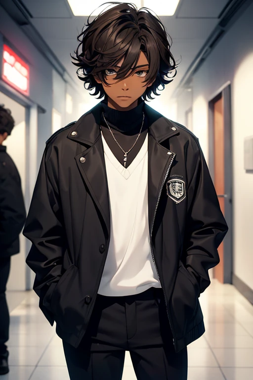 (Boy alone),(1Boy),(a 16-year-old teenager),(average physical height of a 16-year-old teenager),(height 1.80),(young man),(Short black curly hair),(dark brown skin color:1.5),(Dressing),+,(stylish black pants and a stylish black jacket)