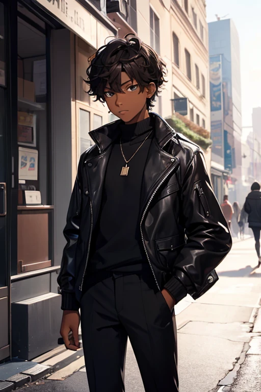 (Boy alone),(1Boy),(a 16-year-old ager),(average physical height of a 16-year-old teen),(height 1.80),(young man),(Short black curly hair),(dark brown skin color:1.5),(Dressing),+,(stylish black pants and a stylish black jacket)