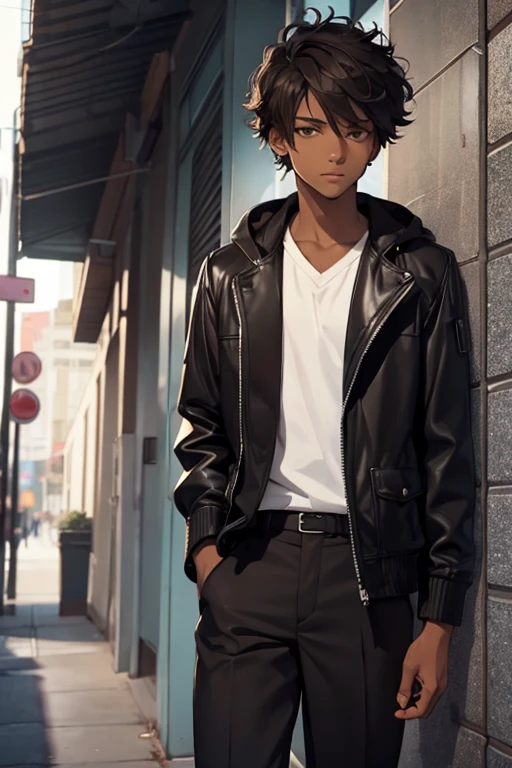 (Boy alone),(1Boy),(a 16-year-old teenager),(average physical height of a 16-year-old teenager),(height 1.80),(young man),(Short black curly hair),(dark brown skin color:1.5),(Dressing),+,(stylish black pants and a stylish black jacket)
