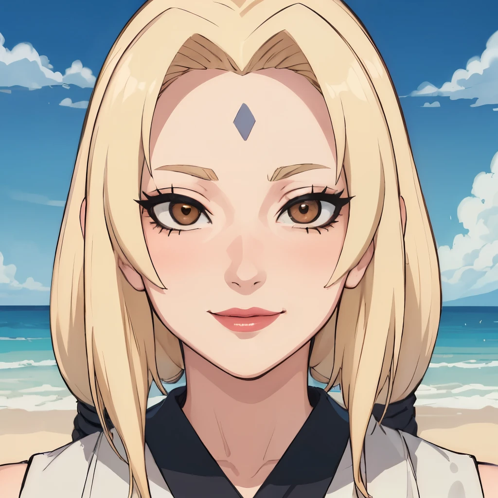 tsunade, perfect face, looking at the horizon, looking sideways  , 4k, 8k, professional photography, soft light, sharp focus, 1 girl,  blond hair, kimono, (Monte), clouds, blond hair, detailed face+brown eyes, They are SEXY smiling, closed lips, lipstick