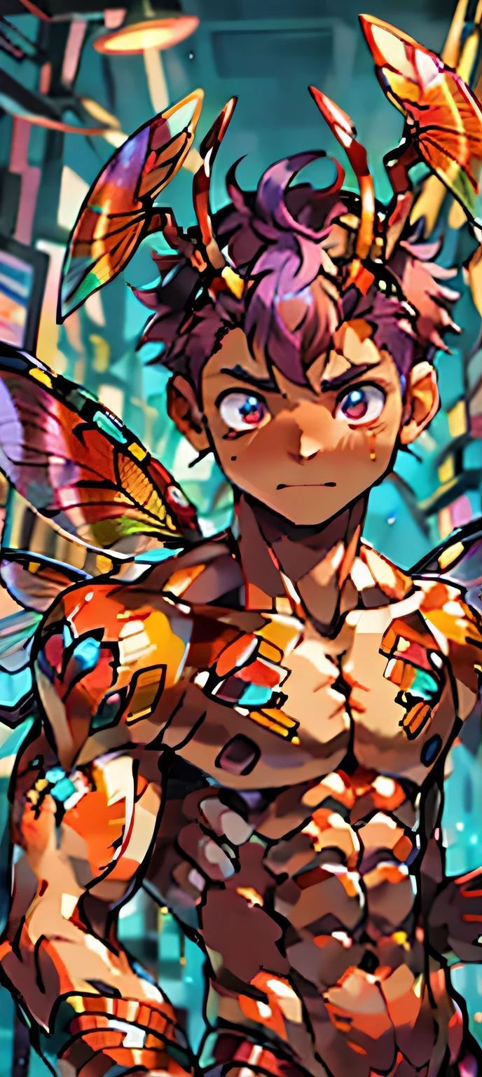 （masterpiece，best quality，H），1 person， boy，very shy，Face turned red，Shy，muscular，delicate eyes，，()，blue eyes，，Upper body body，short blue-purple hair，(antennae)（fluorescent lamp），（a color），（（abstract background））red antennae on head, dragonfly wings