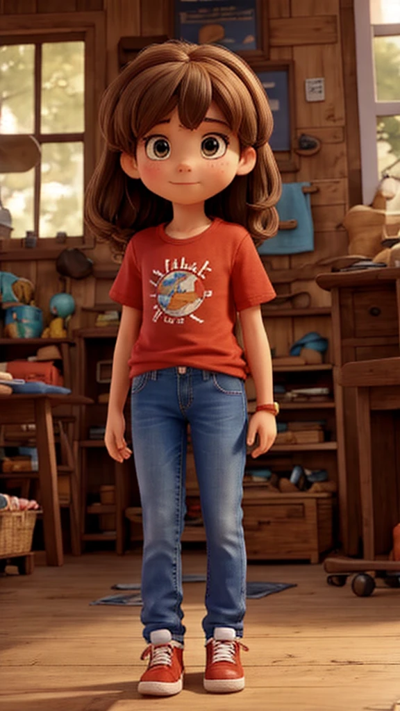 Clara is a seven year old girl, has brown hair, mid back, Brown eyes, front and full body. Wear blue jeans, red sneakers and red t-shirt. She is intelligent and adventurous. He finds himself in his grandmother's garden.