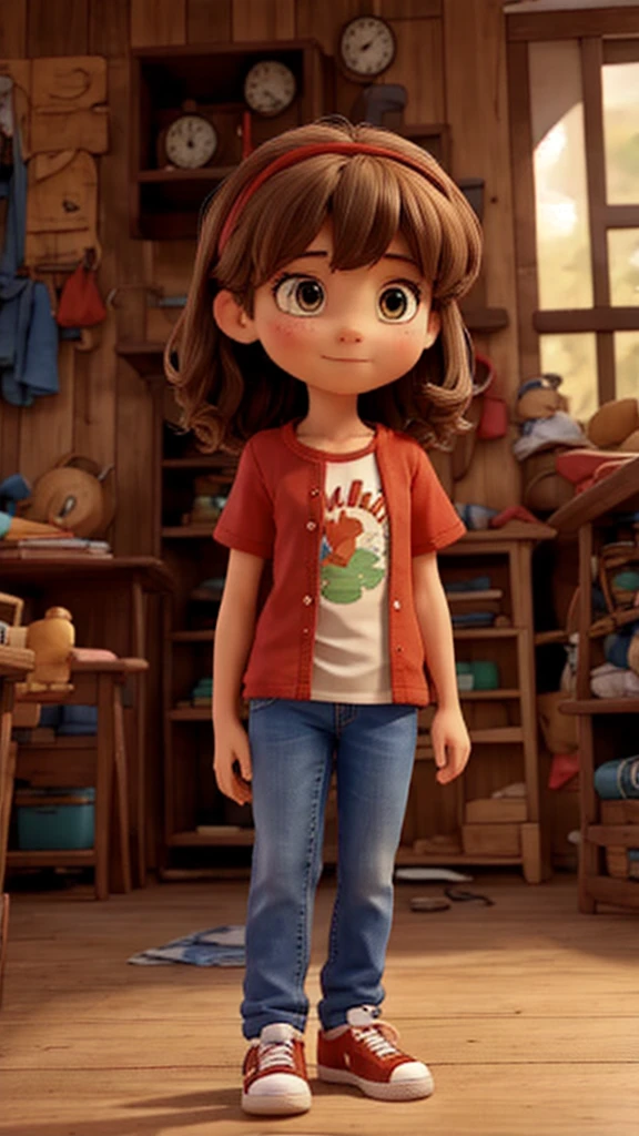 Clara is a seven year old girl, has brown hair, mid back, Brown eyes, front and full body. Wear blue jeans, red sneakers and red t-shirt. She is intelligent and adventurous. He finds himself in his grandmother's garden.