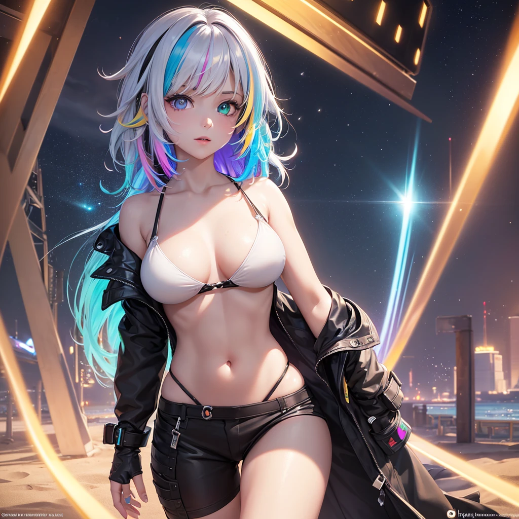 {{masterpiece}}, best quality, extremely detailed CG unity 8k wallpaper, cinematic lighting, lens flare, beautiful detail eyes, black,  side glance,  multicolor short white hair, colorful light, particles, heterochromia, (colorful:1.5), (colorful hair:1.5), futuristic iron bikini, beach view, ,