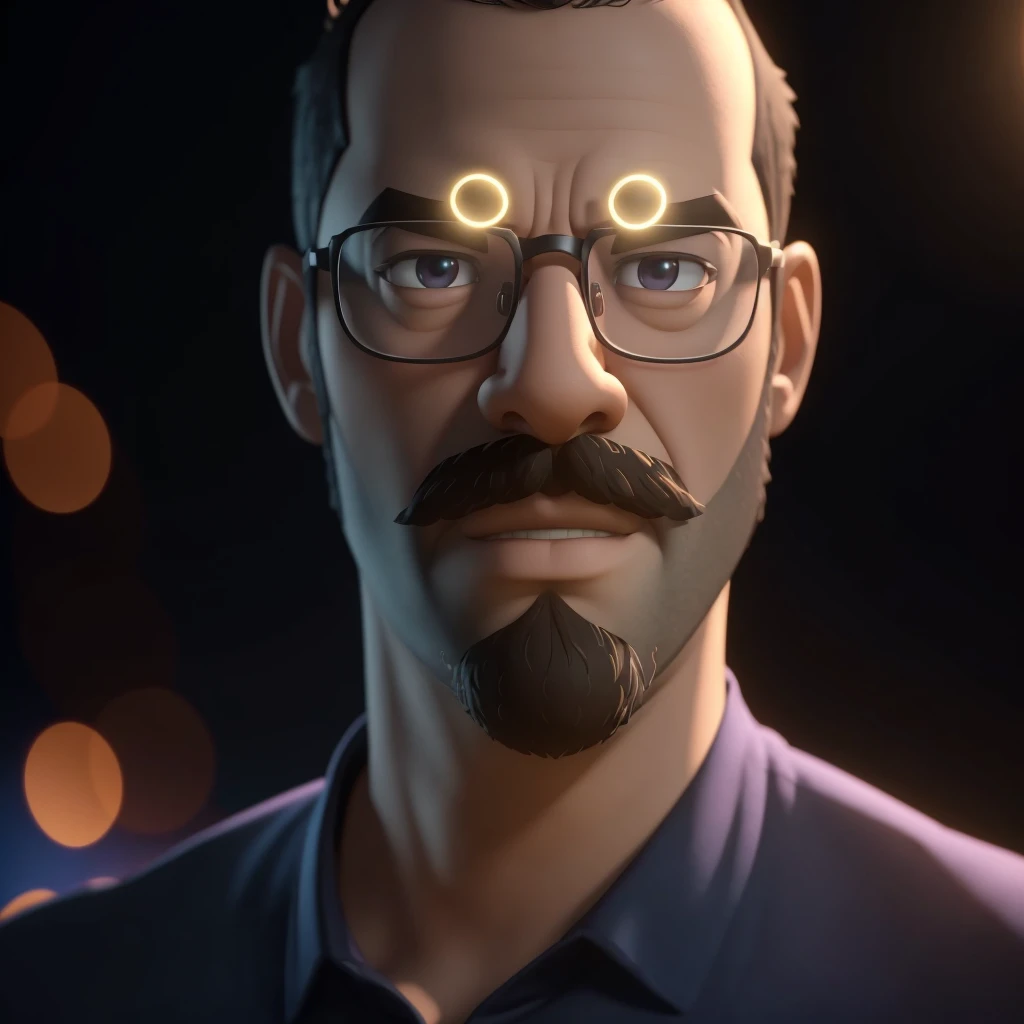 Cartoon character, alone, of a man 35 years old, light brunette, with black glasses, bald, very short beard and mustache, a blue shirt, animation character, stylized character, animation style rendering, cartoon rendering keyshot, Cartoon character, Cartoon character, Stylized 3D rendering, Cartoon character rendering, cartoon character, Close up character, Character pose, (Pixar Style) (master piece:1.2) (Bokeh) (best quality) (detailed skin) (detailed texture) (4k) (clay) (Cinematic lighting) (sharp focus)
