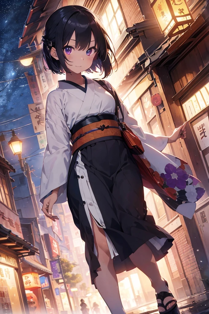 4K, (work of art), highest quallity, 2d, ((rebeld girl)), (teenage anime girl), (wearing a kimono), night day, lanterns, short hair with long bangs, heterochromatic eyes, ssmile, full height, clean eyes, black eyelash, (intrincado detalhado), dramatic, makoto shinkai, purple eyes