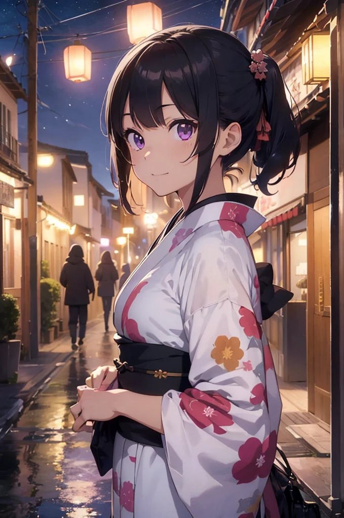 4K, (work of art), highest quallity, 2d, ((rebeld girl)), (teenage anime girl), (wearing a kimono), night day, lanterns, short hair with long bangs, heterochromatic eyes, ssmile, full height, clean eyes, black eyelash, (intrincado detalhado), dramatic, makoto shinkai, purple eyes