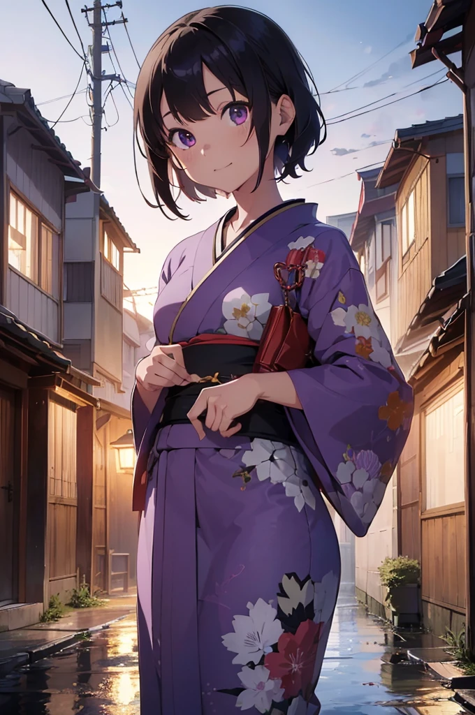 4K, (work of art), highest quallity, 2d, ((rebeld girl)), (age anime girl), (wearing a kimono), night day, lanterns, short hair with long bangs, heterochromatic eyes, ssmile, full height, clean eyes, black eyelash, (intrincado detalhado), dramatic, makoto shinkai, purple eyes