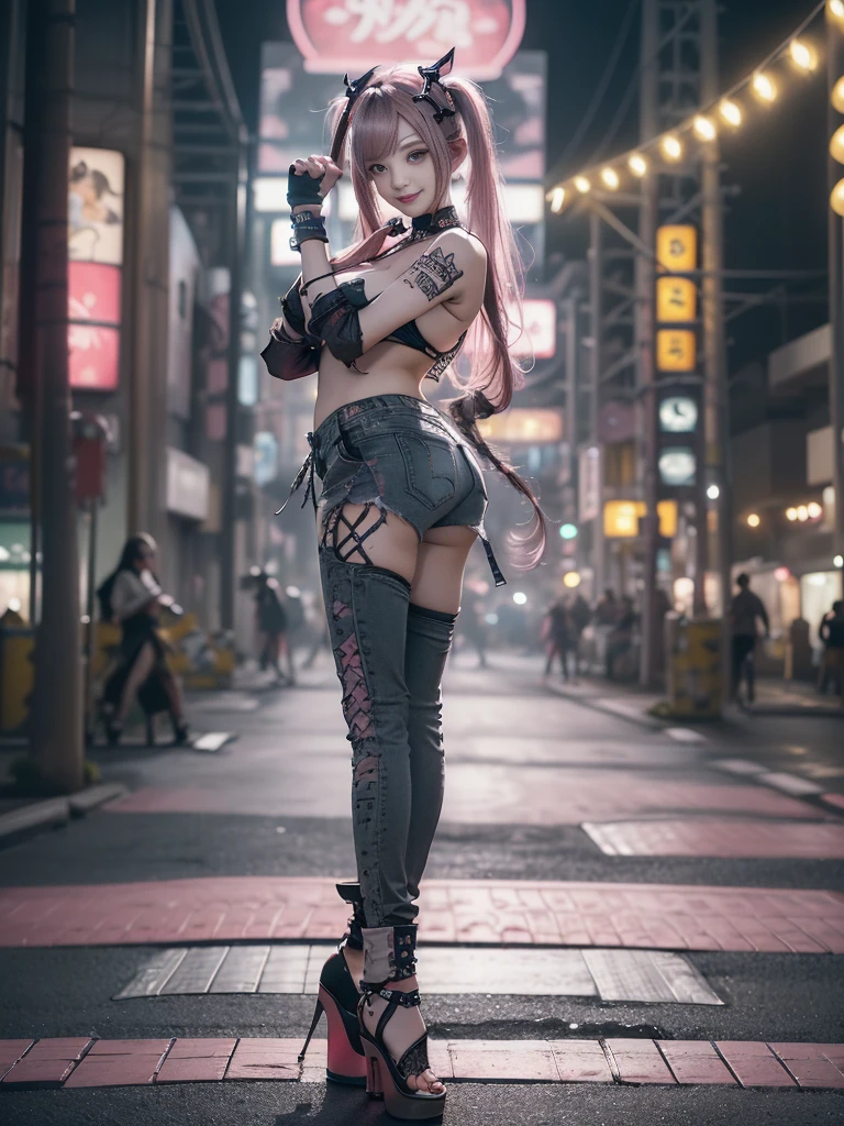 (Full Body View:1.1)、(Side view:1.1)、(Beautiful face:1.3)、(Smiling with teeth showing:1.3),(Shibuya Gal:1.5)、(Beverly Hills Whore:1.4)、(Neo-goth fashion:1.5)、(Punk RockVisual Kei:1.4)、(Modern white and red Barong:1.5)、(Tattered brown and charcoal denim bugle pants:1.5)、(Mustard Yellow Headband:1.3)、(Charcoal and khaki high heels:1.4)、collar、(We sell patterned  with logos.:1.4)、20-year-old、Browsing Caution,((Highest quality、In 8K、masterpiece:1.3))、Sharp focus:1.2、(Layered Cut、Huge breasts:1.1),Beautiful woman with perfect figure:1.4、(Doing an aerobics pose:1.3)、Slim Abs:1.2、Butt、Highly detailed face and skin texture、Fine grain、double eyelid,(Twin tails:1.3)、(Pink Hair:1.3)、、Idol Sculpture、(A luxurious amusement park at night:1.3)、(Slimming your legs:1.4)、(The body is slim:1.3)、(clavicle:1.1)