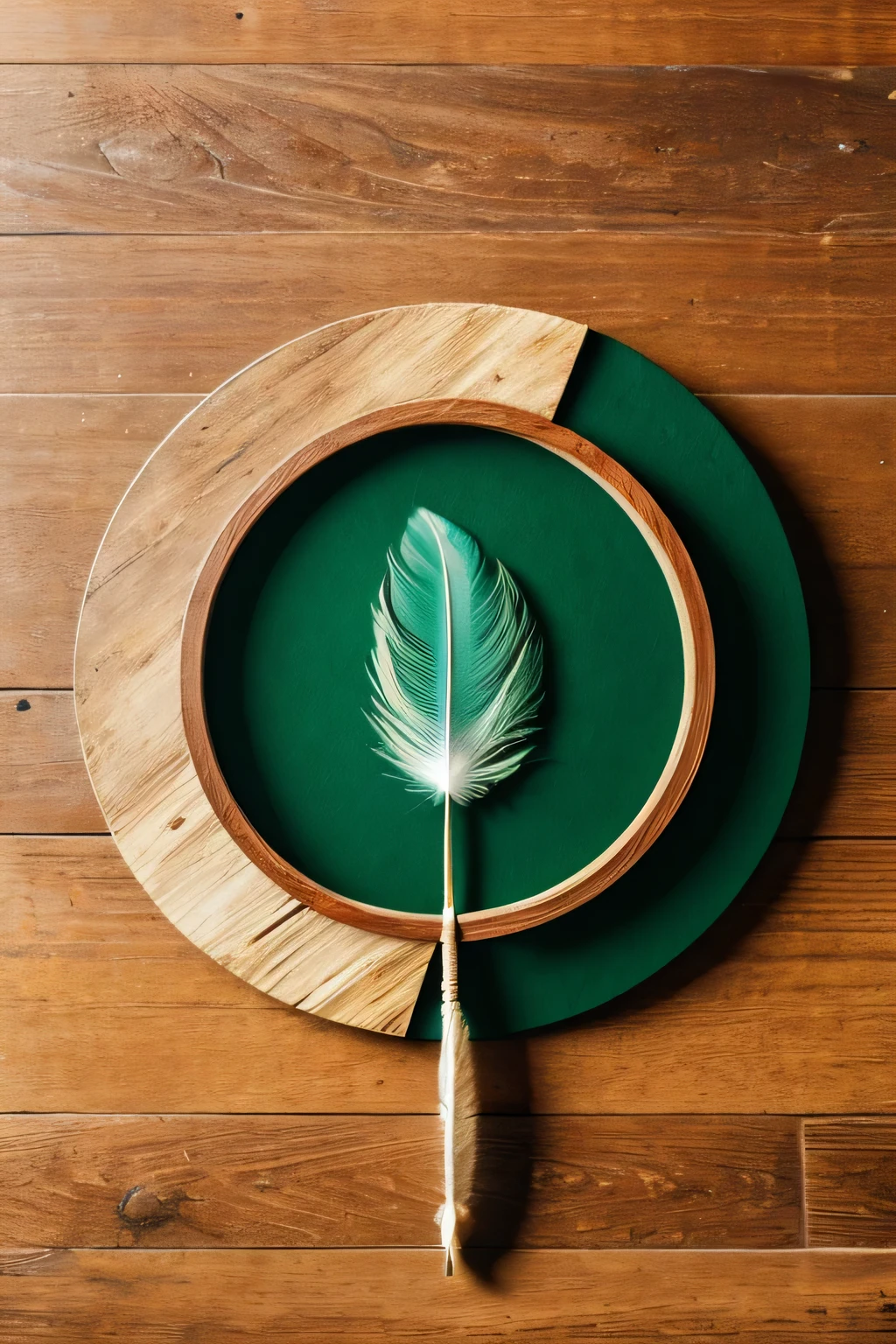 a trefoil and feather inscribed in a wooden circle, the circle lies on a green background. minimalism style