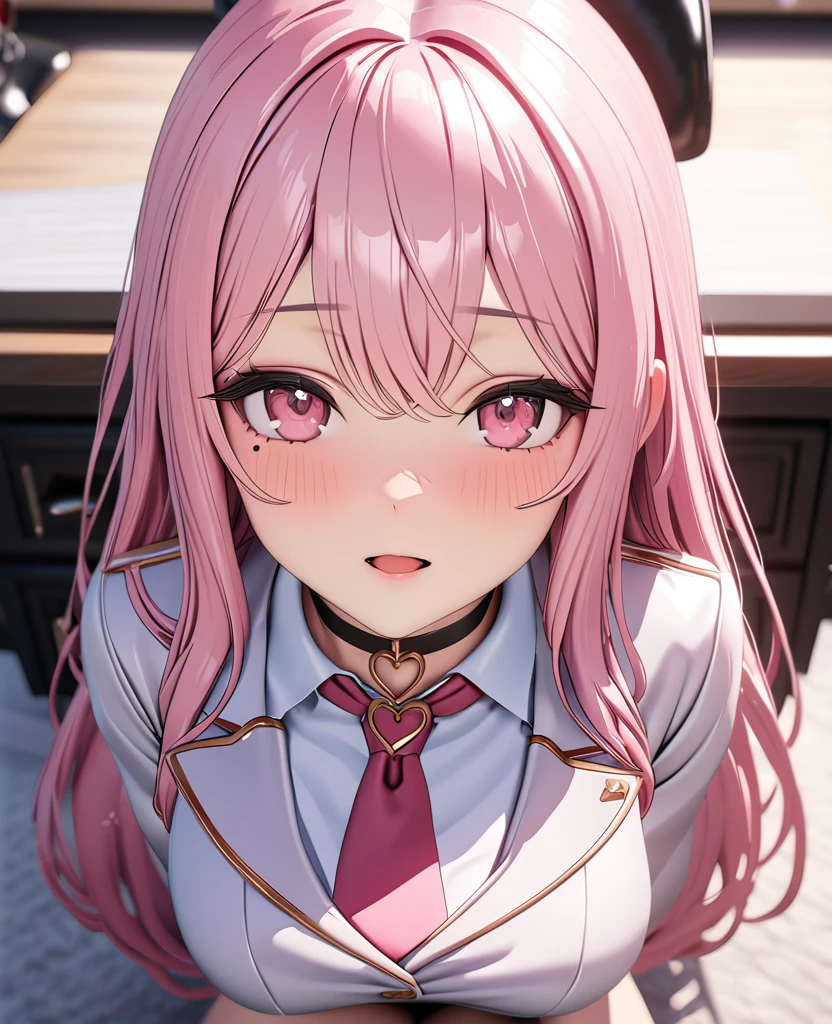 masterpiece, best quality, highly detailed, high resolution, expensive resolution, high resolution, 4k, 8k, Unity 8k wallpaper, highly detailed CG, masterpiece, 2d, 3d, beautiful details, depth, fine texture, best quality: 1.3, perfect focus, crispy skin, him, very cute anime 20s girl, sexy uniform in secretary department, big breasts, expensive pink medium long hair, above the knees, secretary's office, mole under eye, looking at the viewer, expensive, mole, open lips,, heart, pink eyes, heart choker