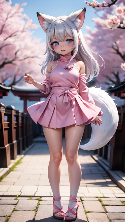 Best quality, hyper-high detail, very high res, Extremely detailed CG, Realism，absurd res，fox ear，Huge colorful fox tail， D cup breasts 8K,Colorful, A 20-year-old nine-tailed fox girl,japanaese girl，Light turtleneck shirt，Detailed clothing patterns，tiese，(full body:1.3),Solo,chubby  body shape,(long leges:1.3)， Faraway view，high-heels，(Blue eyes), (white  hair to shoulders), Extremely long white diamond hair floating, blueribbon, Beautiful eyes,(Pink clothes:1.3),Wet clothes, Short pink skirt, detailed and beatiful face and eyes, ((Shiny skin)),white wavy hair, (detailed and beautiful shiny clothes, Temple，holy rays，japan temple，the cherry trees，Cherry blossoms flying，(dynamicposes:1.3)，low perspective，