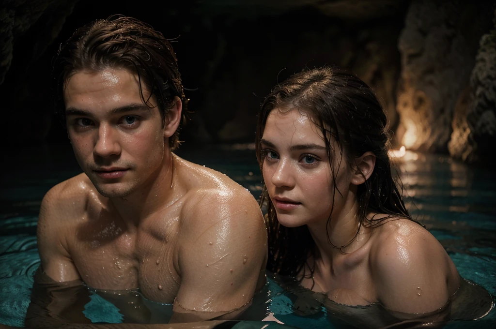 young white guy holding young white female, in a cave air pocket above an underground river, shoulders and above out of the water, no sunlight, no surface vegetation, iridescent glowing fungi lighting, realistic, hyper realistic, photo realistic, beautiful faces, nordic faces, detailed eyes, close-up, intimate, romantic mood, out of breath, relieved expressions, looking at each other, wet hair, wet bodies from swimming