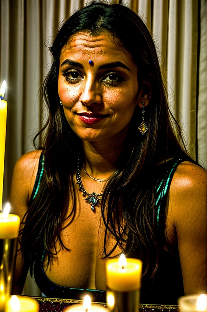 A realistic portrait of a 35-year-old female tarot reader. She is sitting at a table adorned with tarot cards, crystals, and sparkling candles, looking directly at the camera with a confident and mysterious expression. The scene is illuminated by a bright light in the background with a light wall in the background, adding a touch of magic and enchantment to the atmosphere. The lighting highlights the details in her face, the textures of the table items, and creates a warm, inviting glow in the setting.