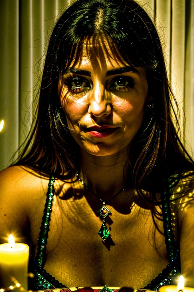 A realistic portrait of a 35-year-old female tarot reader. She is sitting at a table adorned with tarot cards, crystals, and sparkling candles, looking directly at the camera with a confident and mysterious expression. The scene is illuminated by a bright light in the background with a light wall in the background, adding a touch of magic and enchantment to the atmosphere. The lighting highlights the details in her face, the textures of the table items, and creates a warm, inviting glow in the setting.