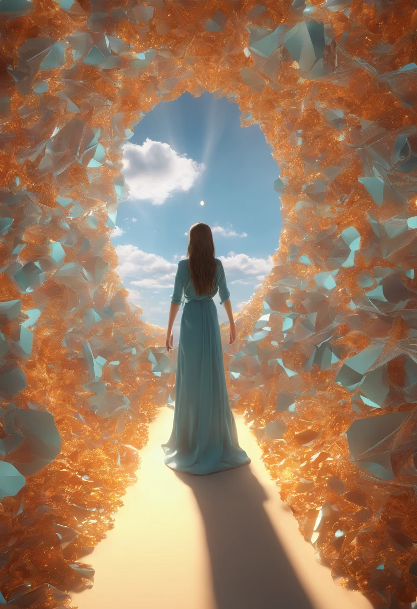 tracing portal -fractal perspective combinatronics in micropolygonal collage and hyperdetalization with a hyperrealistic silhouette of a cloud girl emerging from a light portal, CGI,Digital art, high contrast and highest resolution