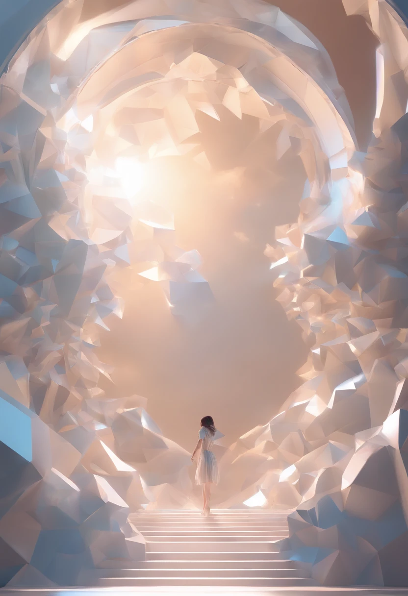 tracing portal -fractal perspective combinatronics in micropolygonal collage and hyperdetalization with a hyperrealistic silhouette of a cloud girl emerging from a light portal, CGI,Digital art, high contrast and highest resolution