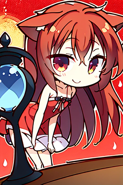 A red haired fox woman with a left red eye and right blue eye with an hourglass figure with red fox ears and a red fox tail in a cute summer dress is smiling while leaning forward