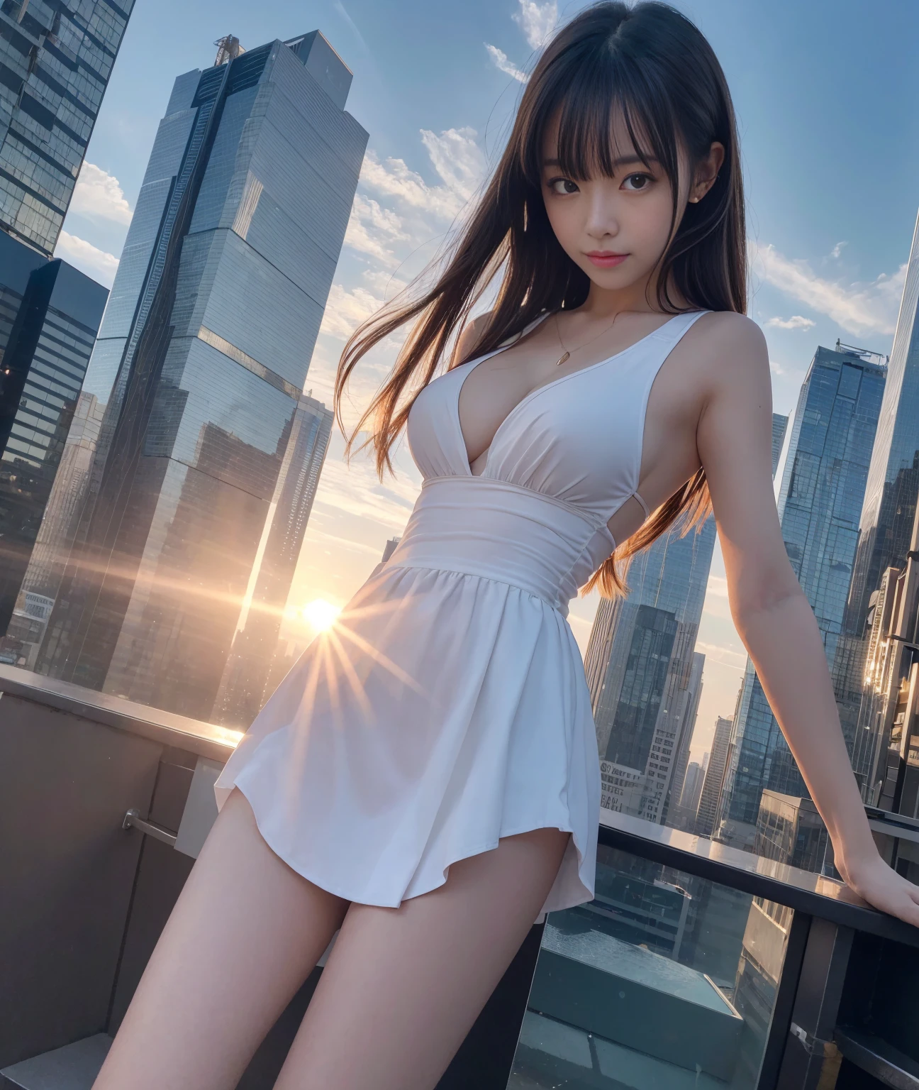 1 girl,young,charming,Delicate skin,Asian young woman,Smile,White swimsuit,Showing belly,Miniature City,destroy,(Huge GTS),GTS is taller than a building,Fragile cities,full-body shot,Sitting in the city,look up,Spread your legs