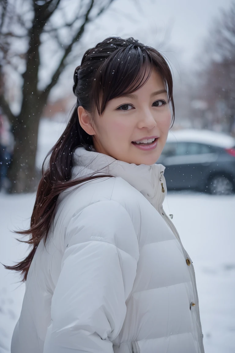 (8k, RAW photo, best quality, masterpiece, ultra high res, photorealistic, detailed face, detailed skin, 1girl, solo:1.2), (minako), standing, hands on hip, outside, Snowy landscap