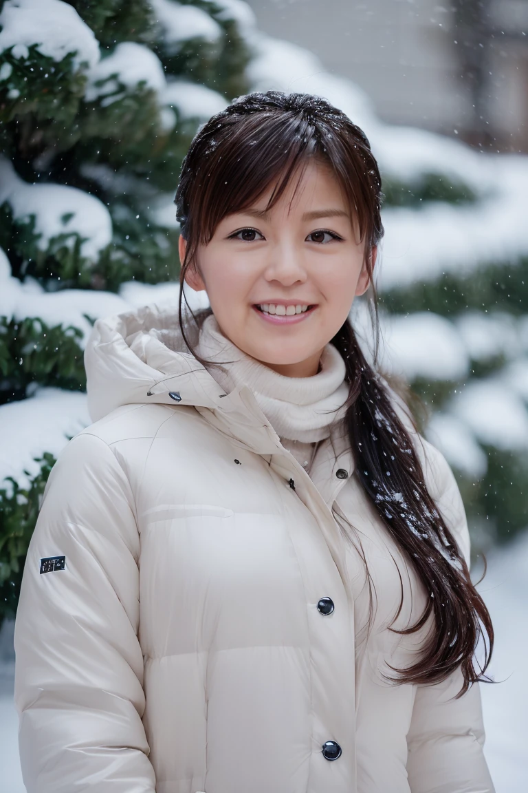 (8k, RAW photo, best quality, masterpiece, ultra high res, photorealistic, detailed face, detailed skin, 1girl, solo:1.2), (minako), standing, hands on hip, outside, Snowy landscap