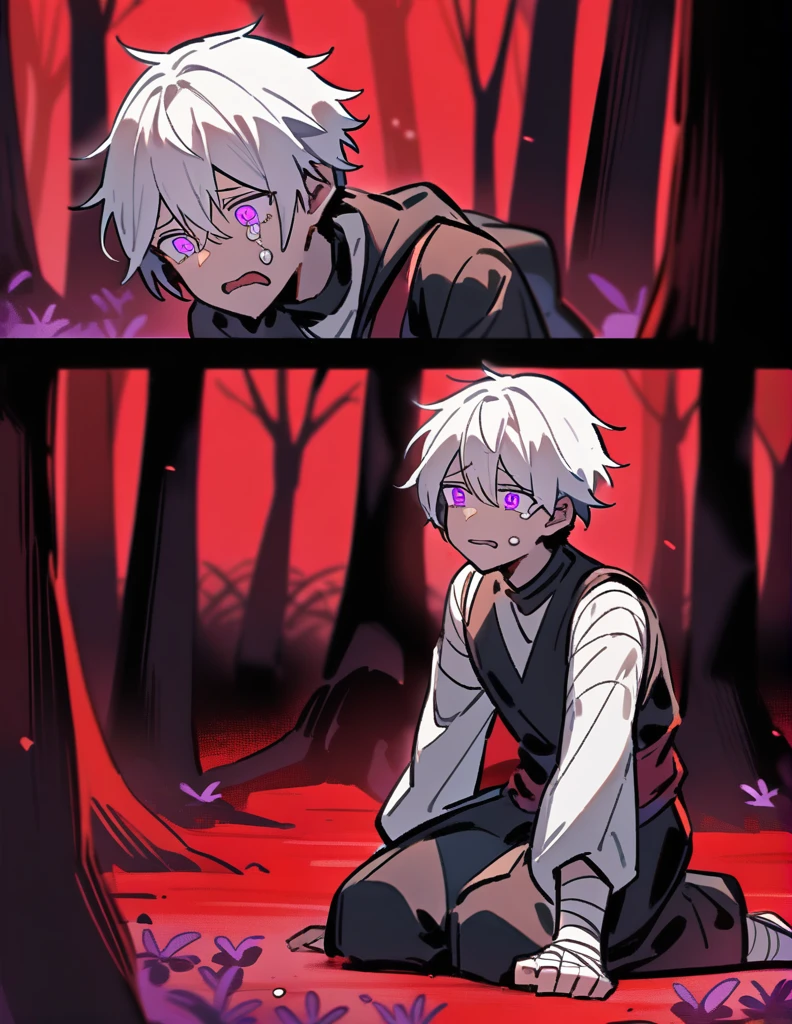 young black boy with white hair, violet eyes, kneeling on the ground in a red forest, with his wrists bandaged and crying with an expression of suffering