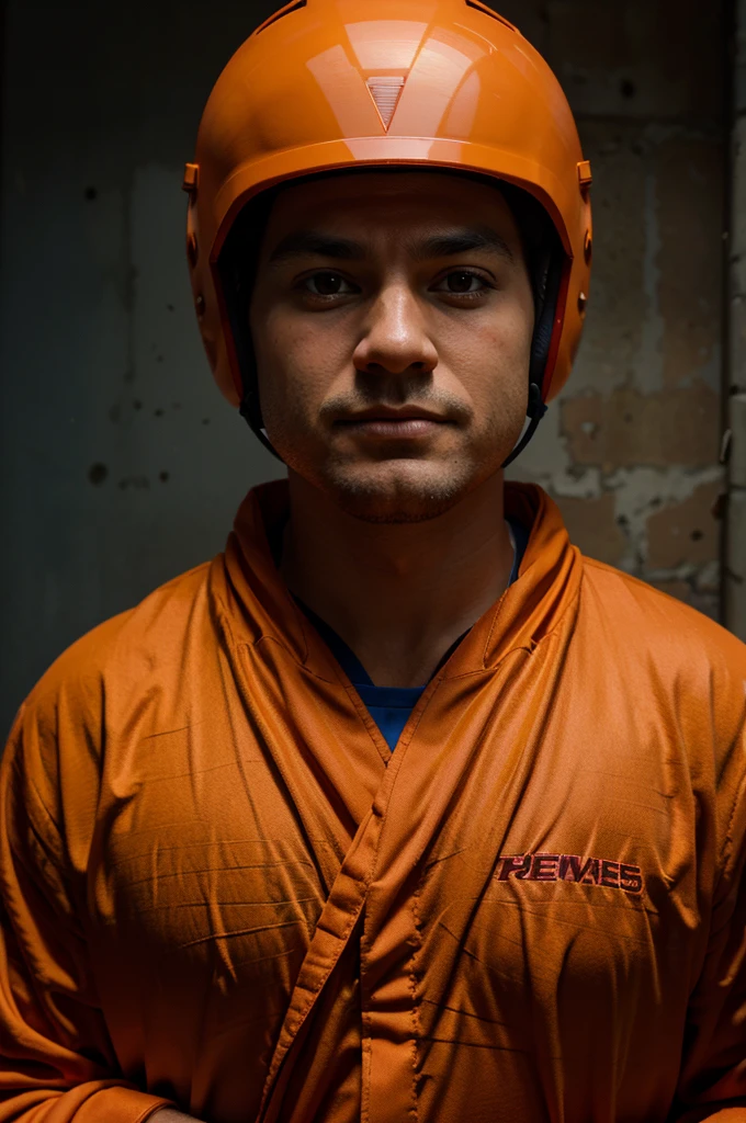 superhero caricature. wearing an orange robe. red wings. wearing a blue helmet. with an enthusiastic Poso