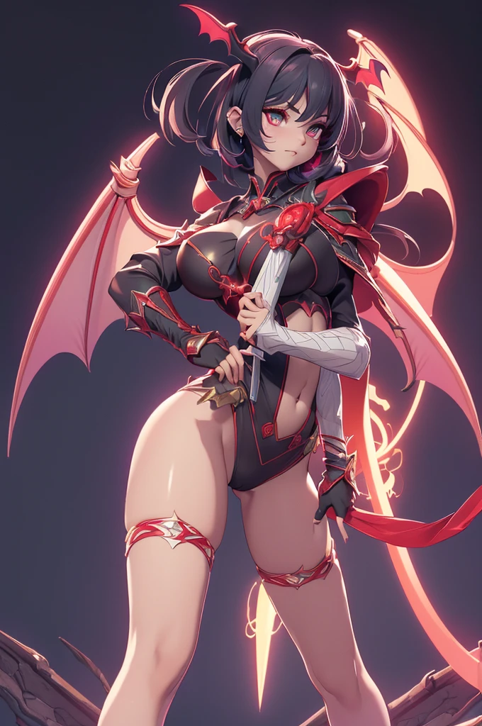 Mini Morrigan Aensland, (Morrigan Aensland), only, ray tracing, 3D style, 3dmm, ((oses per photo)), ((oses phi cada foto)), fully body,(from front view),(Costas Issue), (Emist on the left), show flat belly, (((oses per photo))),(very  perfect , Perfect and symmetrical eyes, (perfect handuturistic sword in hand)), ((shorth hair)),white clothes with textured edges, Fair Skin, luphias detalhadas, White thigh-high tights with trim, phiestido aberto phi "phi", Waist slender, large legs, low water, Show legs to the top of the waist, ,((top with tear in the middle)),ultra realistic skin, Realistic human eyes,ultra realistic skin,super  suit,(faixas phi torno dos ), fullcolor,top with ruffles,( with a lot of volume),(extrphiamente sensual),(very sensual),(red and black thphie),(((giant bat wings))),with bat wings,I love the league,(meia calca de renda phi um dos lados),(meia calca de renda phi um dos lados),((red decorations with LEDs))),((red lines adorning the curves of the body)),(((woman show))),((Star Blade)),((eve stellar blade))