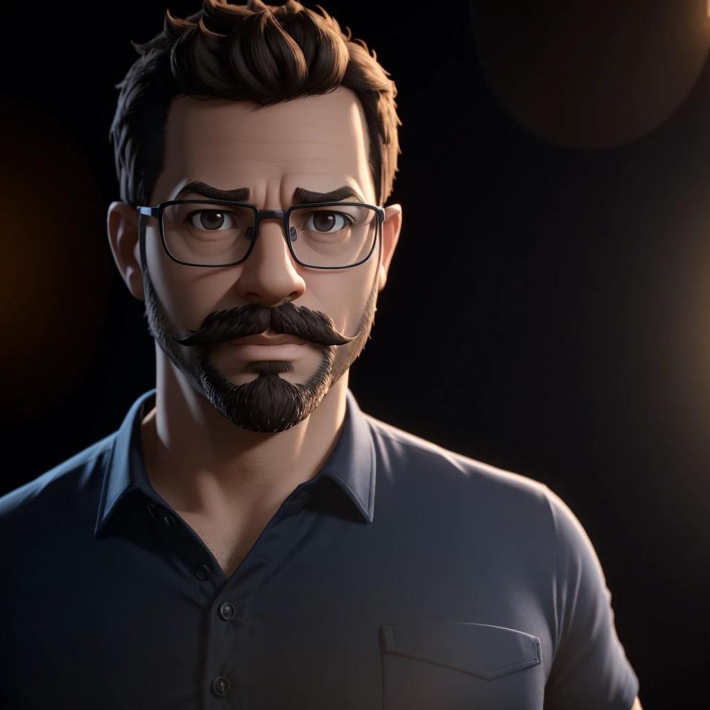 a 35 year old man with short brown hair, black glasses, a short beard and mustache, wearing a blue shirt, in a stylized, animated, Pixar-style character pose, rendered in 3D with detailed skin and textures, cinematic lighting, sharp focus and bokeh, masterpiece quality 4K image
