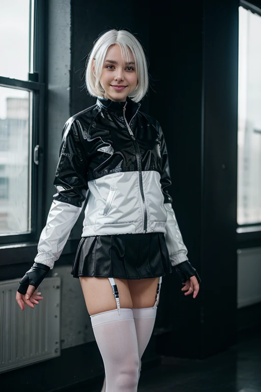 older girl, White hair, silver eyes, calm smile, White jacket, black shirt, short black skirt, white sports shoes, black knuckleless gloves, black transparent white stockings.