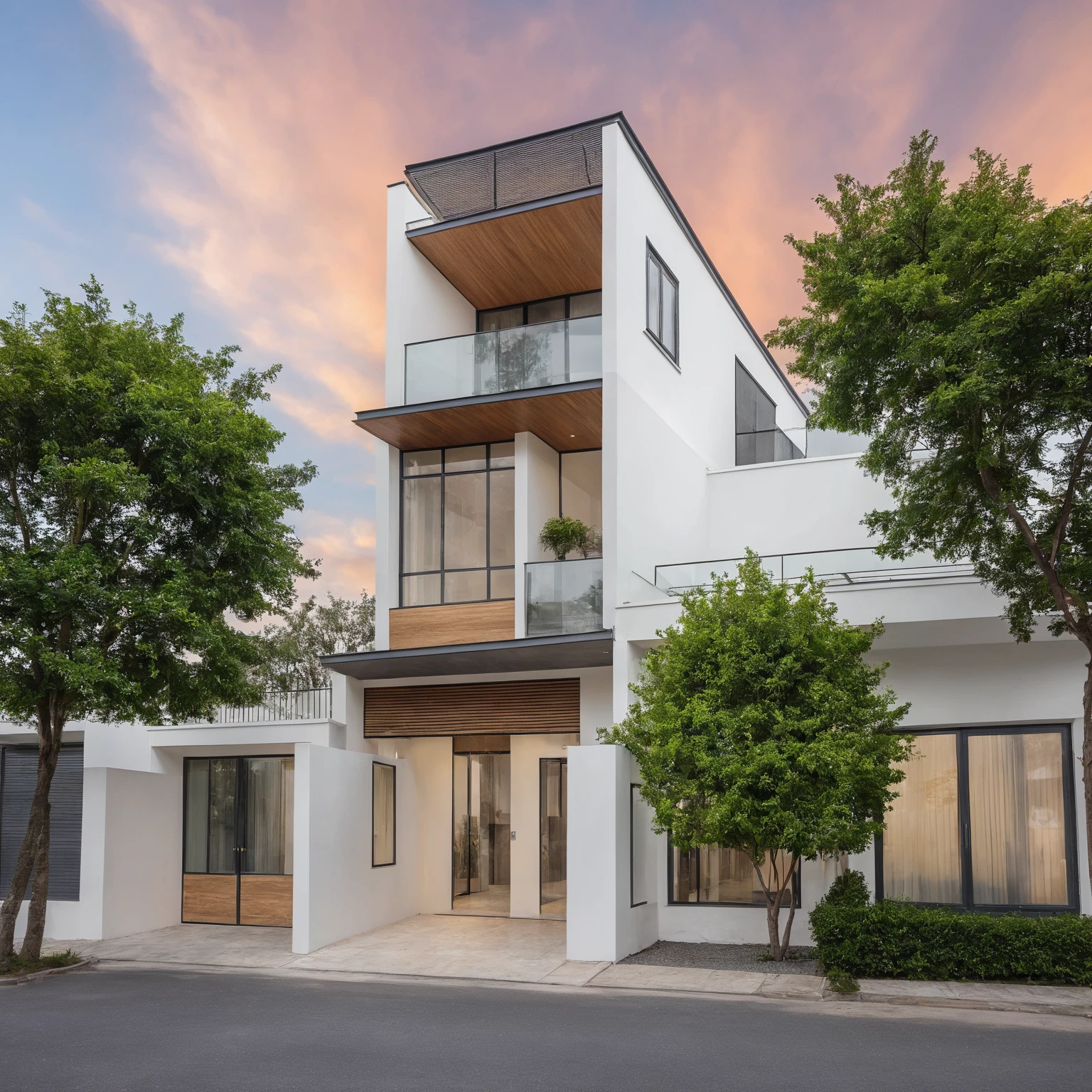 Masterpiece, high quality, best quality, authentic, super detail, outdoors, house style modern, bietthuhn, white wall, glass windows, gate road, pavement, grass, trees, Beautiful_sky, SUNSET, (day:1.1), realistic lighting