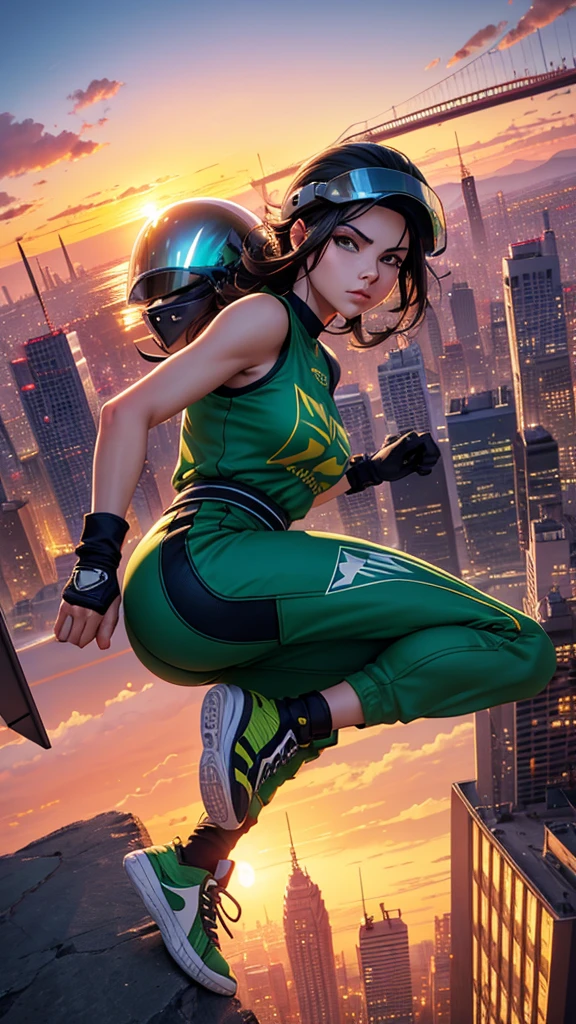 A City with a beautiful sunset with a Wonderful Beautiful Adult Woman with black hair and green eyes and wearing Sneakers, Aerodynamic Jumpsuit, Helmet with visor Gloves with protective pads, jewelry and elbow pads, Short Cover and Logo and Emblem with the Power to fly in just 75% levitation  